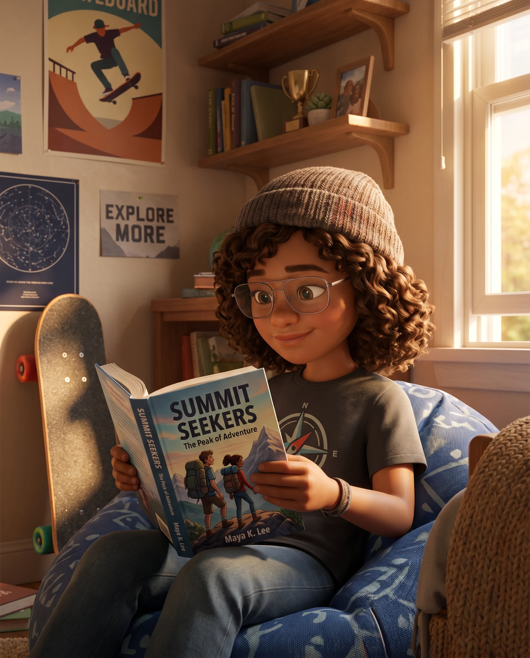 A confident 10-year-old reading a chapter book with a teen-adventure cover