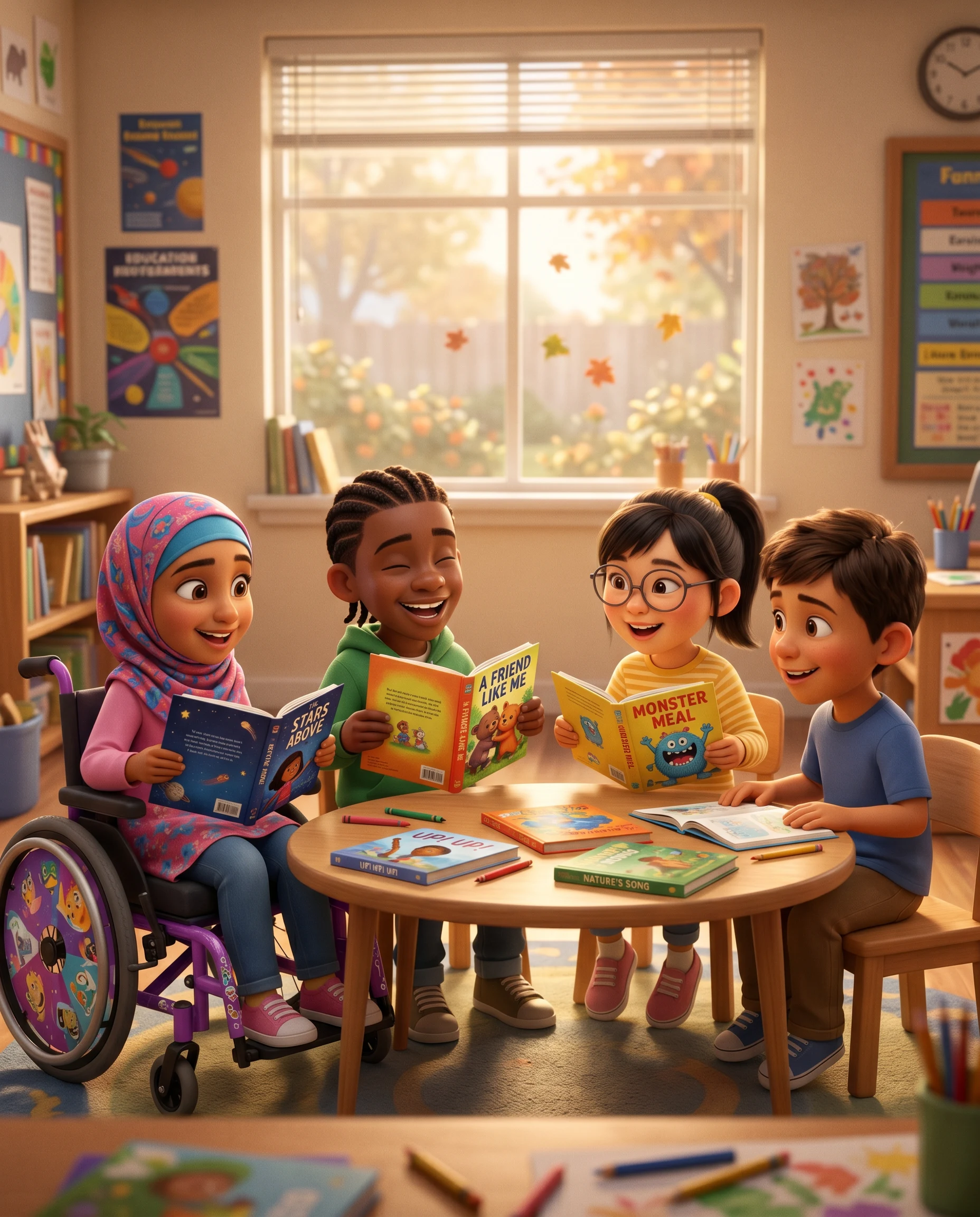 A diverse group of K-5 students reading together at a small classroom table