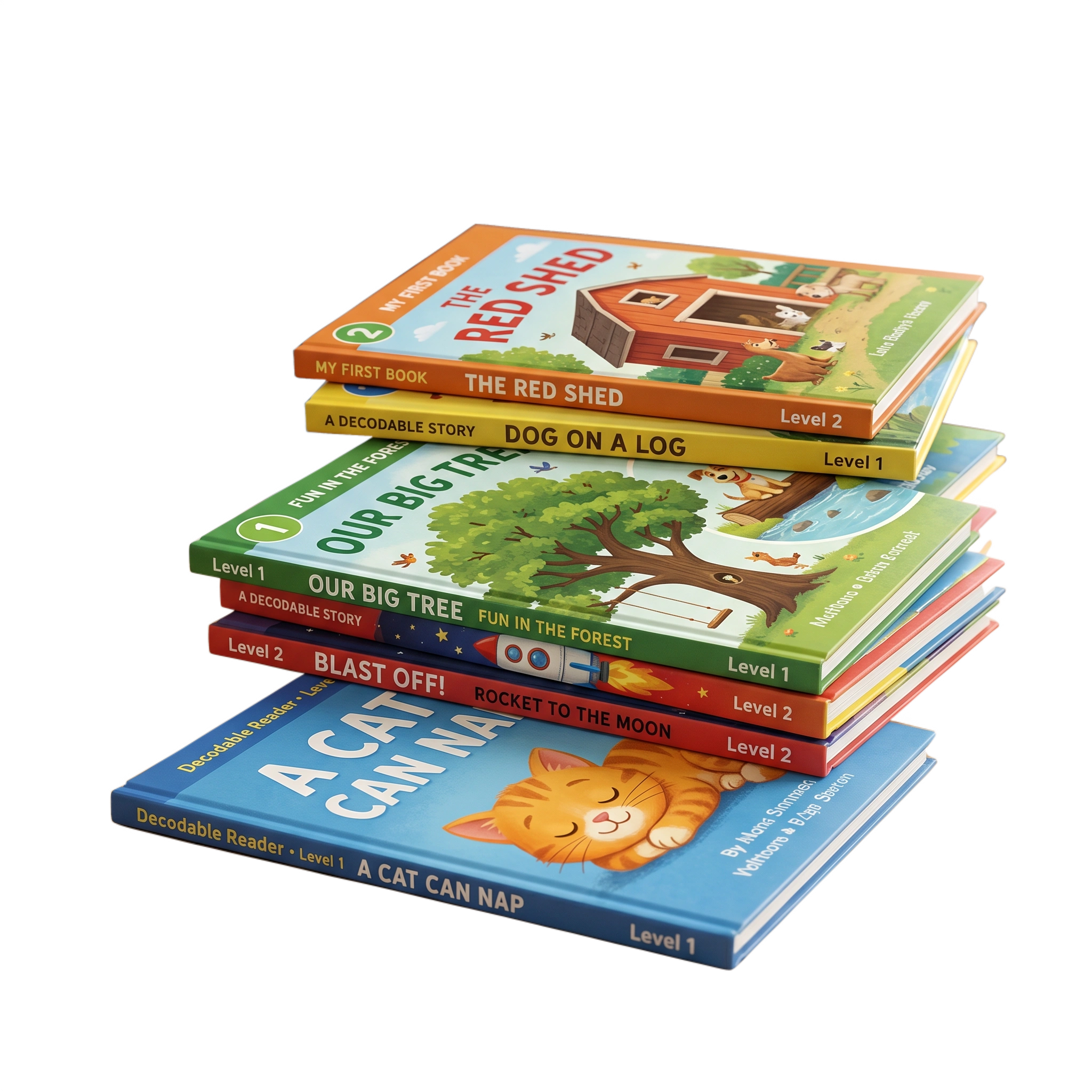 A stack of colorful decodable picture books from the Discover Library