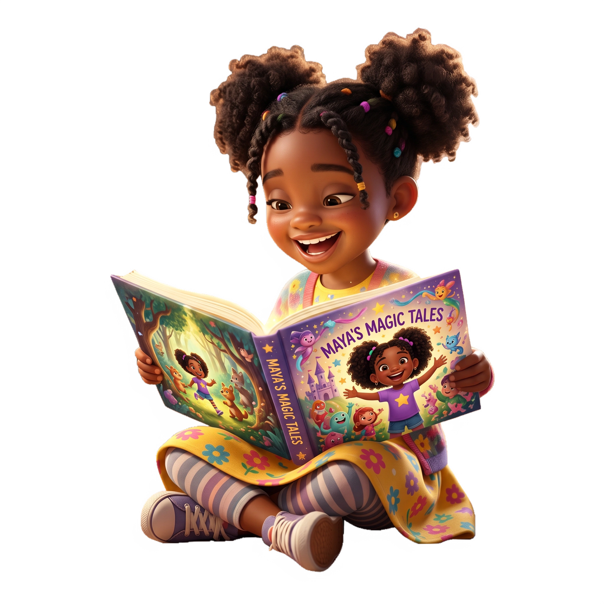 A young reader holding a personalized book whose cover features the same child