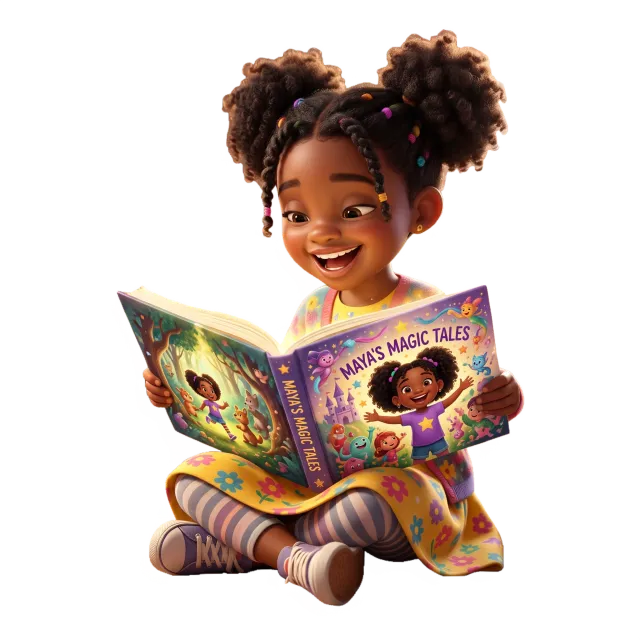 A young reader holding a personalized book whose cover features the same child
