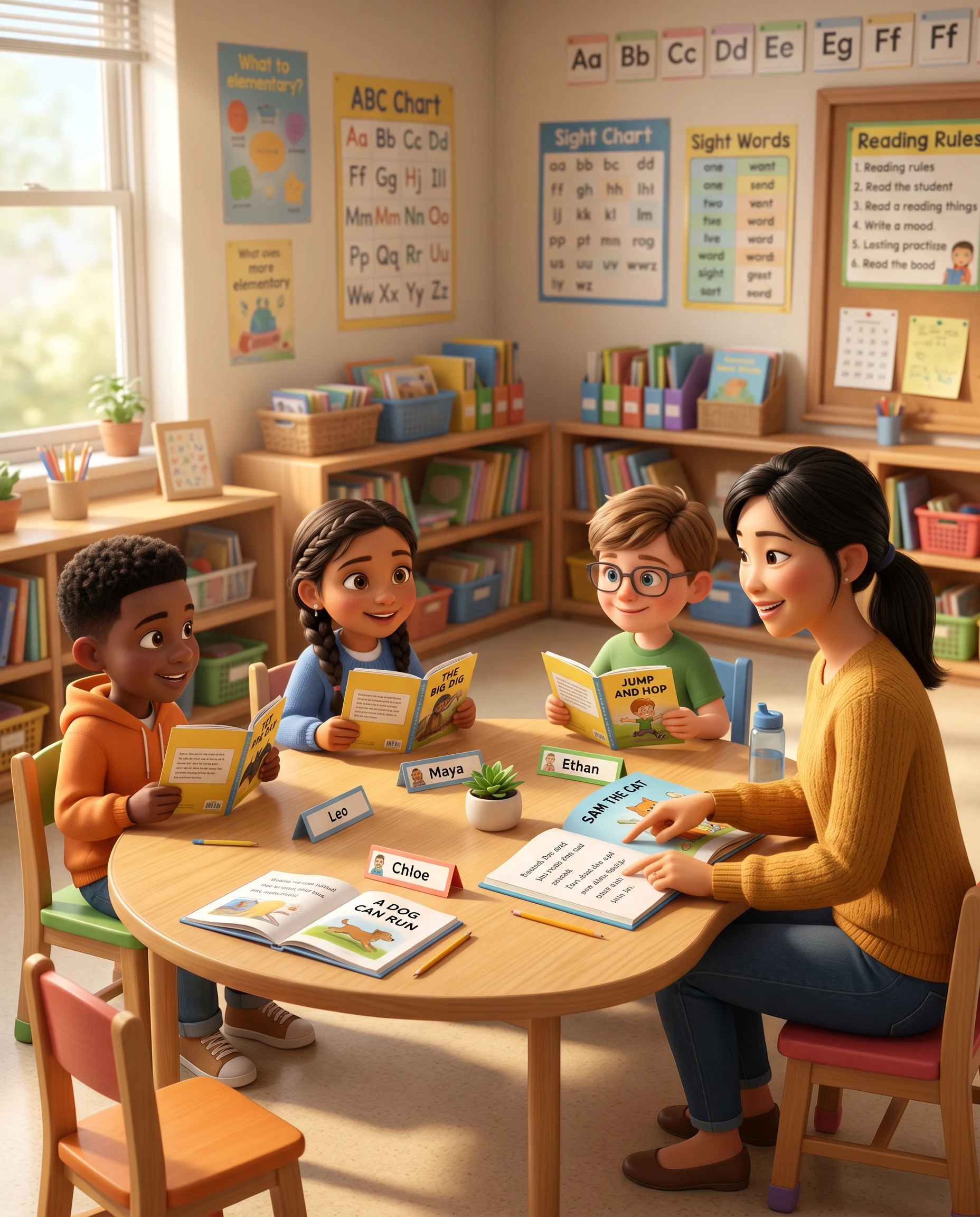 A teacher leading a small-group reading session with four diverse students