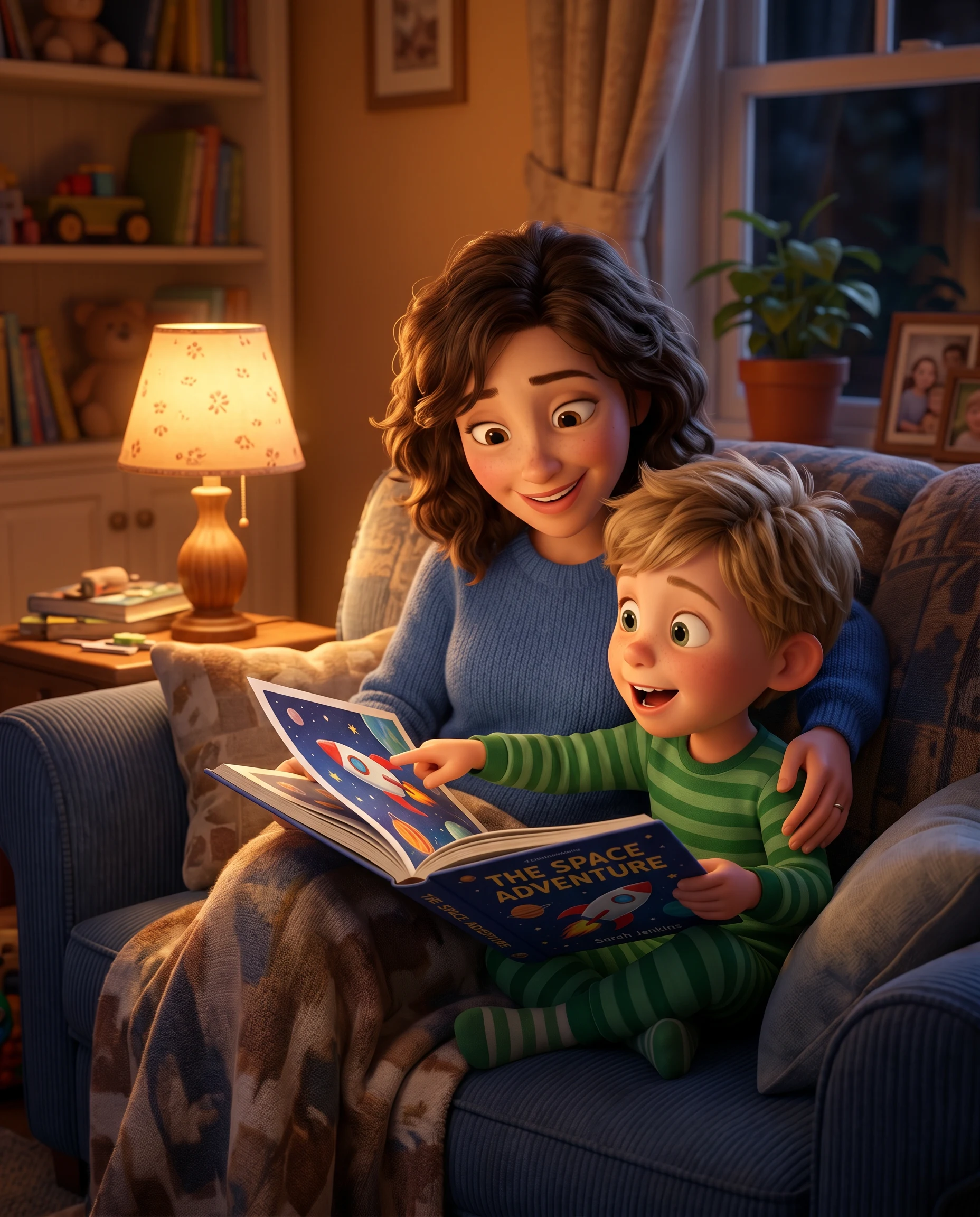 A parent and child reading a picture book together on a couch in warm evening light