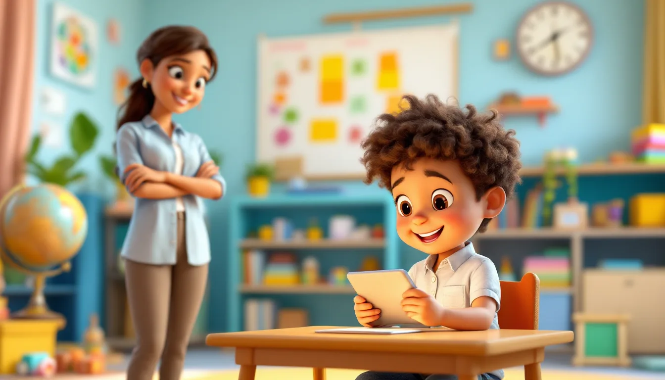 A young student reading from a tablet at a classroom desk while a teacher looks on.
