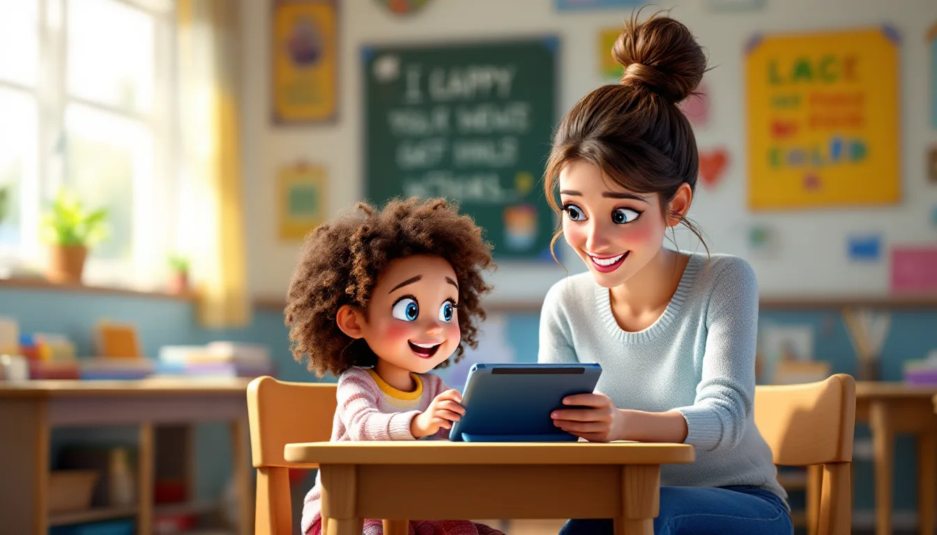 A teacher and student smiling over a tablet in a sunlit classroom.