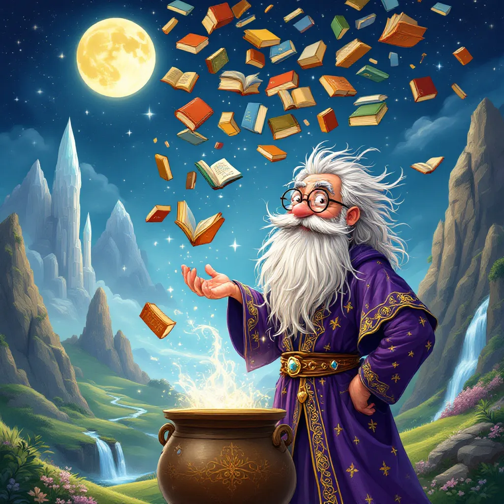 A friendly wizard surrounded by floating books, mixing potions of vocabulary.
