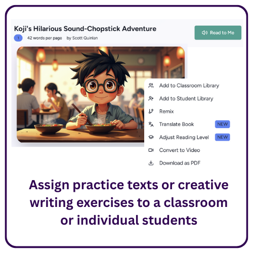 Storytime book card with action menu showing Add to Classroom Library, Add to Student Library, Remix, Translate Book, Adjust Reading Level, Convert to Video, Download as PDF.