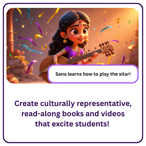 A custom decodable book featuring a child named Sana learning to play the sitar, illustrated with culturally representative artwork.
