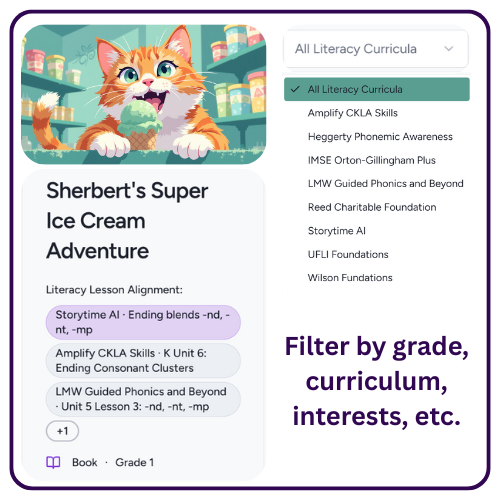 Storytime book card with literacy-lesson alignment chips, alongside a dropdown to filter the library by literacy program.